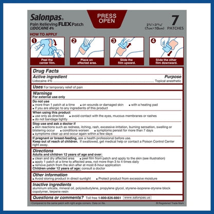 Salonpas Pain Relieving FLEX Patch Lidocaine 4%, 7 Count (Pack of 1)