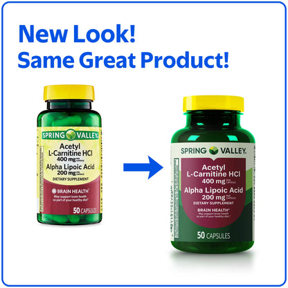 (3 pack) Spring Valley Acetyl L-Carnitine HCI 400 mg + Alpha Lipoic Acid 200 mg Capsules, 50 Count