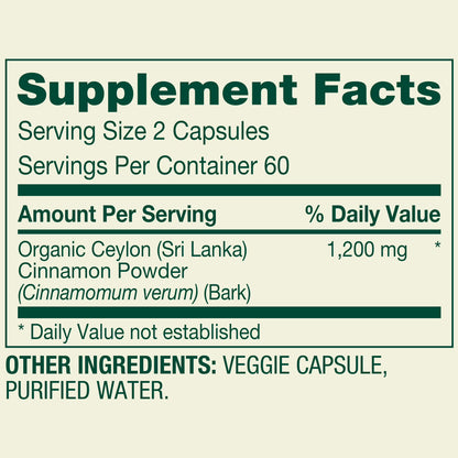 Spring Valley Ceylon Cinnamon Dietary Supplement Vegetarian Capsules for Metabolism Support, 1,200 mg, 120 Count