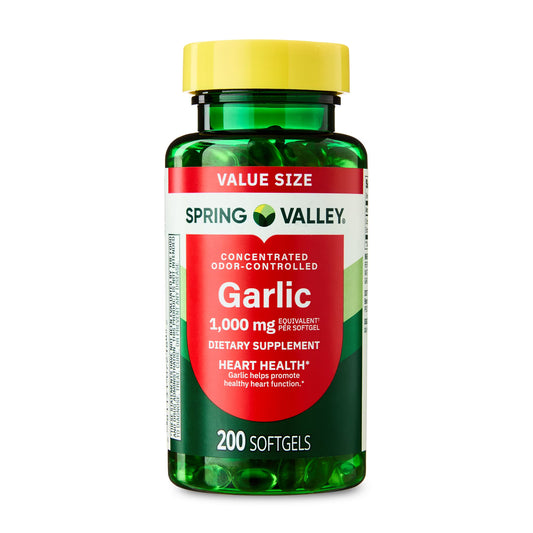 (3 pack) Spring Valley Odor-Controlled Garlic Dietary Supplement Softgels for Heart Health, 1000 mg, 200 Count