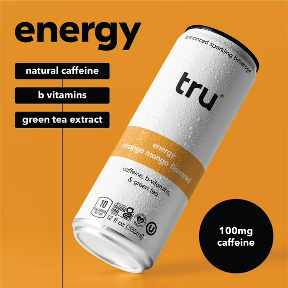 Tru Energy Seltzer, Orange Mango, Green Tea, B Vitamins, Low Calorie, Gluten Free, Vegan, 12 fl oz, 12 Pack