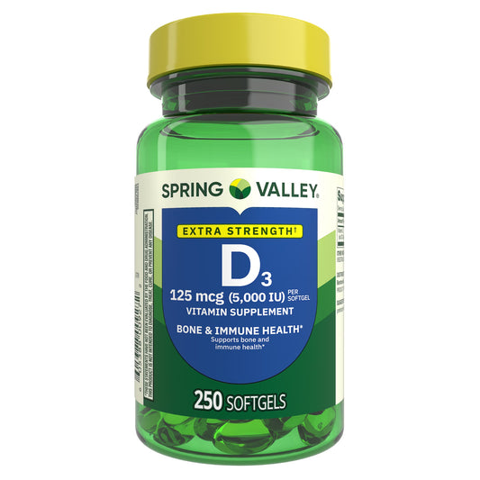 (3 pack) Spring Valley Extra Strength Vitamin D3 Softgels, 125 mcg (5000 IU), 250 Count, Supplement for Bone and Immune Health