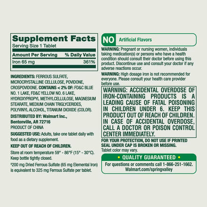 Spring Valley General Health & Wellness Iron Tablets Dietary Supplement Value Size, 65 mg, 200 Count