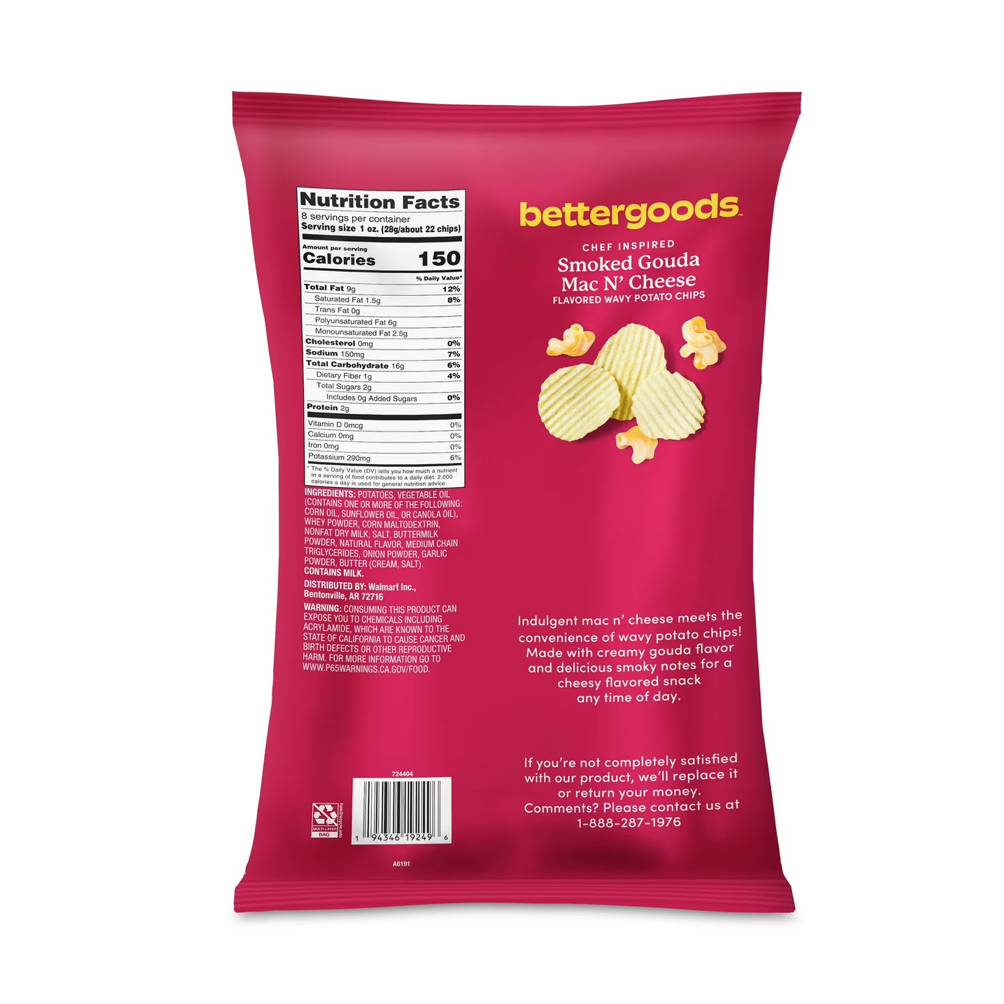 (6 pack) bettergoods Chef Inspired Smoked Gouda Mac N' Cheese Flavored Wavy Potato Chips, 8 oz