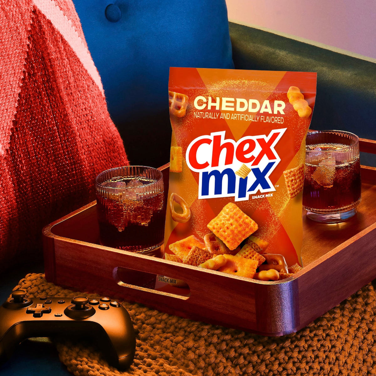 (4 pack) Chex Mix Cheddar Snack Mix, Savory Snack Bag, Family Size, 13.5 oz