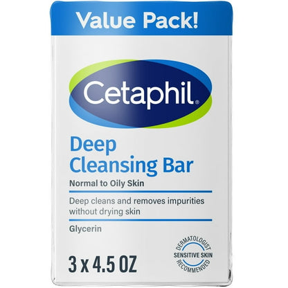 Cetaphil Deep Cleansing Face and Body Bar for Dry to Normal, Sensitive Skin Value Pack, 4.5 oz (Pack of 3)