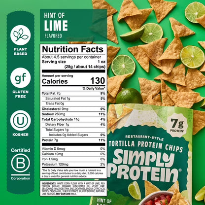 Simply Protein Restaurant Style Tortilla Chips, Hint of Lime, 7g Protein, Gluten Free, 1 pack, 4.58 oz