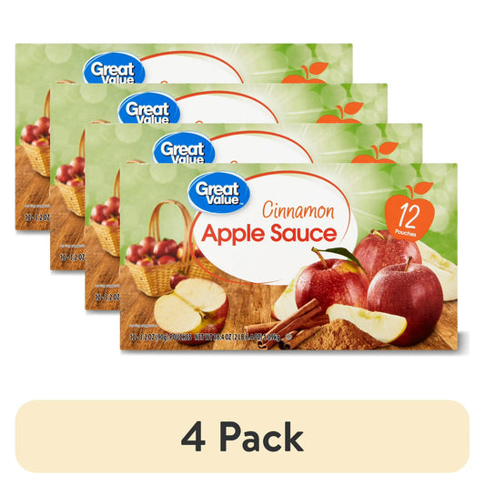 (4 pack) Great Value Cinnamon Applesauce, 3.2 oz, 12 Pouches