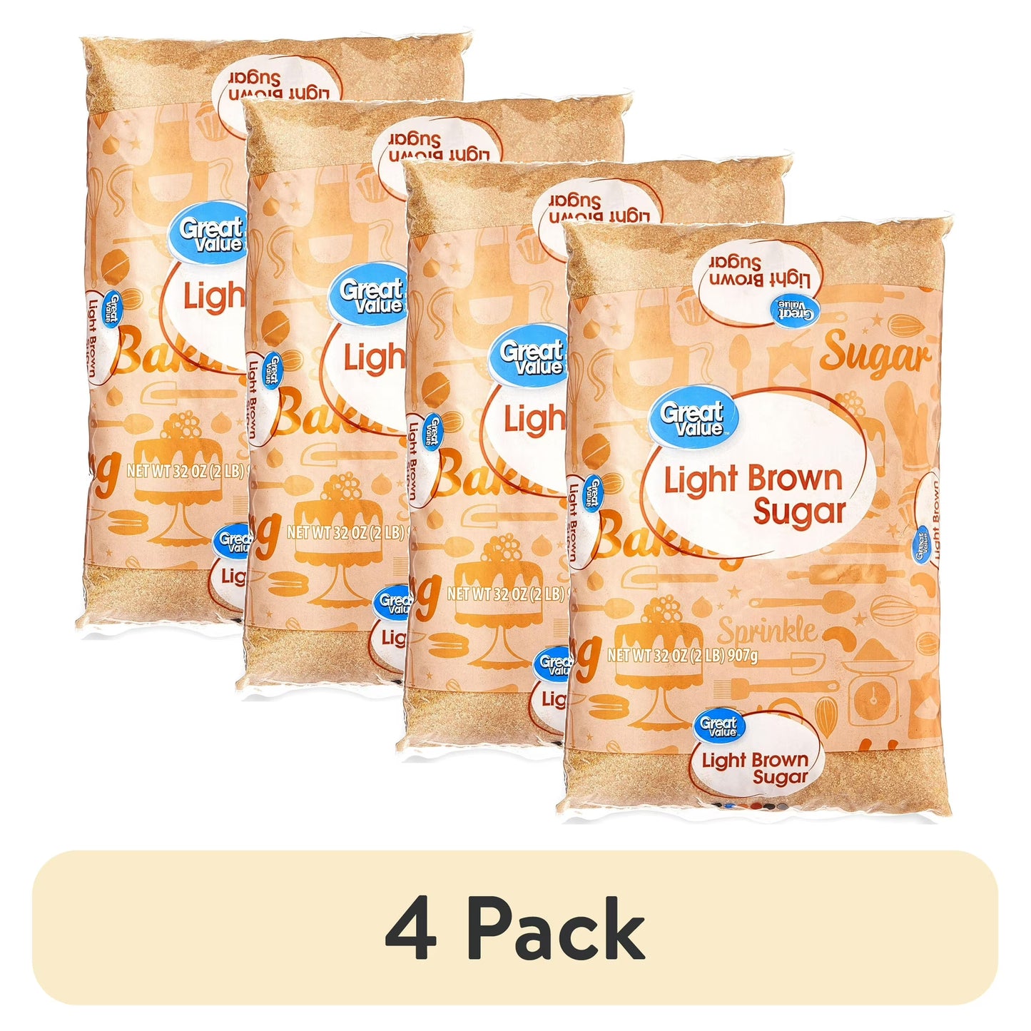 (4 pack) Great Value Light Brown Sugar, 32 oz