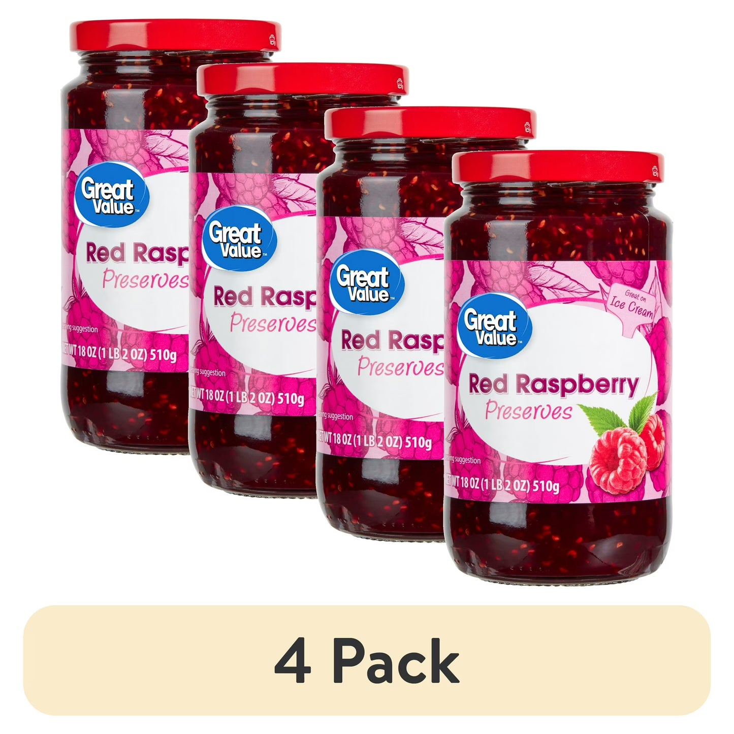 (4 pack) Great Value Red Raspberry Preserves, 18 oz