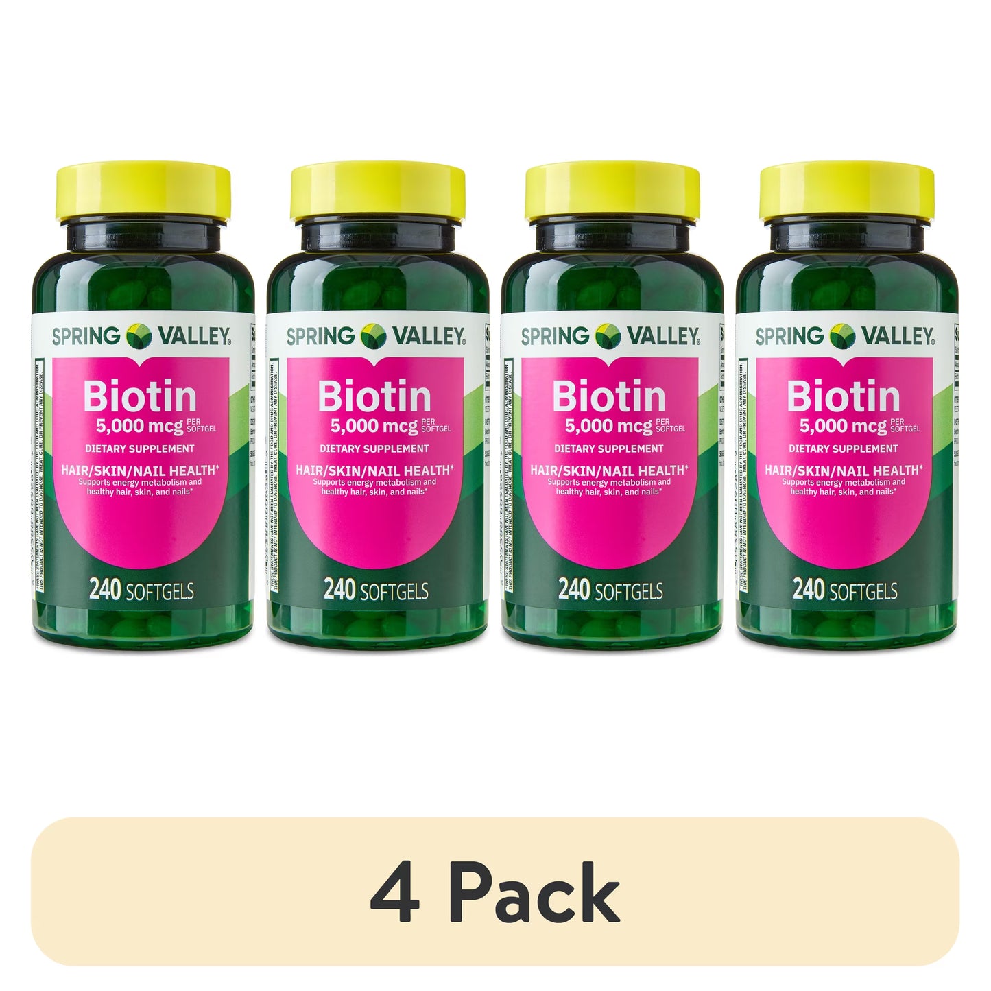 (4 pack) Spring Valley Biotin Dietary Supplement Softgels for Hair/Skin/Nails Health, 5,000 mcg, 240 Count