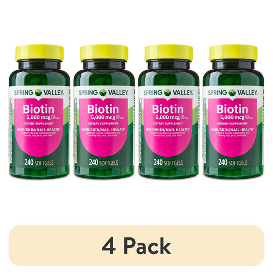 (4 pack) Spring Valley Biotin Dietary Supplement Softgels for Hair/Skin/Nails Health, 5,000 mcg, 240 Count