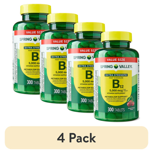 (4 pack) Spring Valley Extra Strength Vitamin B12 Supplement, Cherry, 5000 mcg, 300 Count, Fast Dissolve Tablets for Metabolism Support