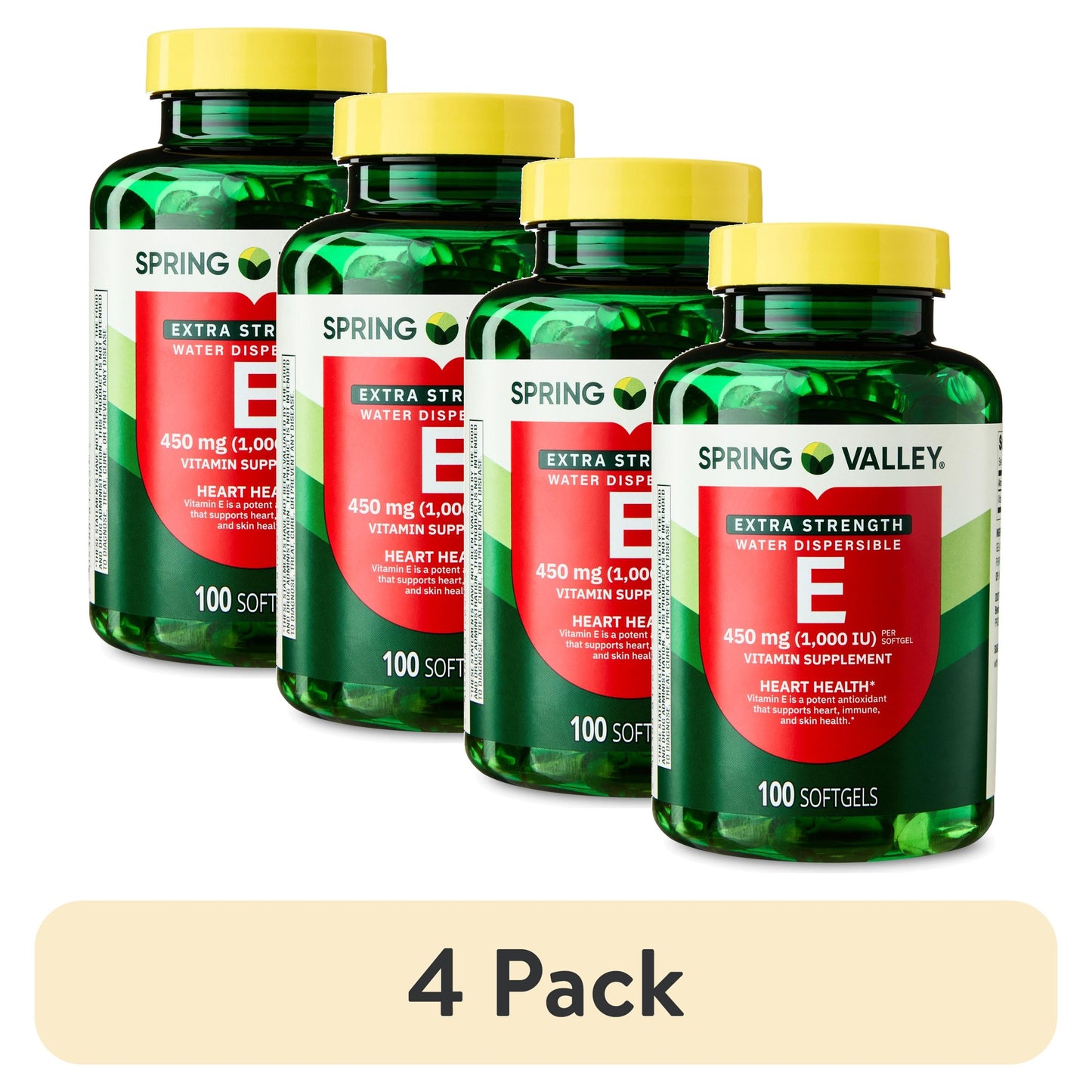 (4 pack) Spring Valley Extra Strength Water Dispersible Vitamin E Supplement Softgels for Heart Health, 450 mg (1,000 IU), 100 Count