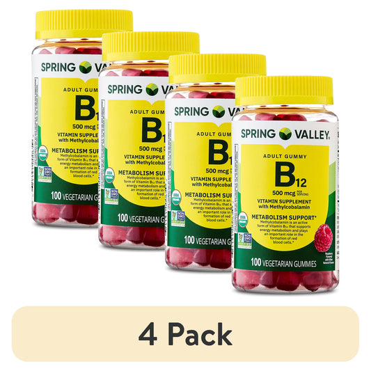 (4 pack) Spring Valley Vitamin B12 Supplement Vegetarian Gummies for Metabolism Support, Raspberry Flavor, 500 mcg, 100 Count