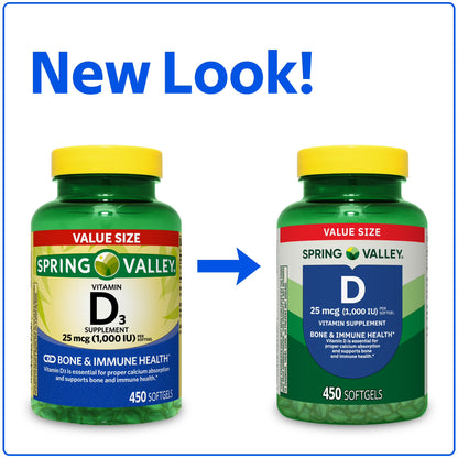 Spring Valley Vitamin D3 Softgels, 25 mcg (1000 IU), 450 Count, Supplement for Bone and Immune Health