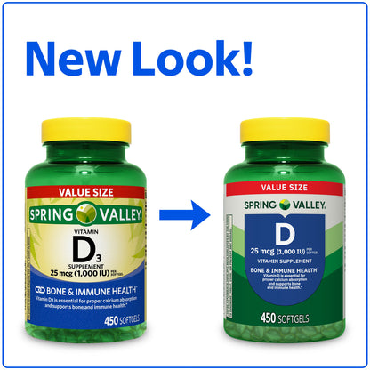 (3 pack) Spring Valley Vitamin D3 Softgels, 25 mcg (1000 IU), 450 Count, Supplement for Bone and Immune Health