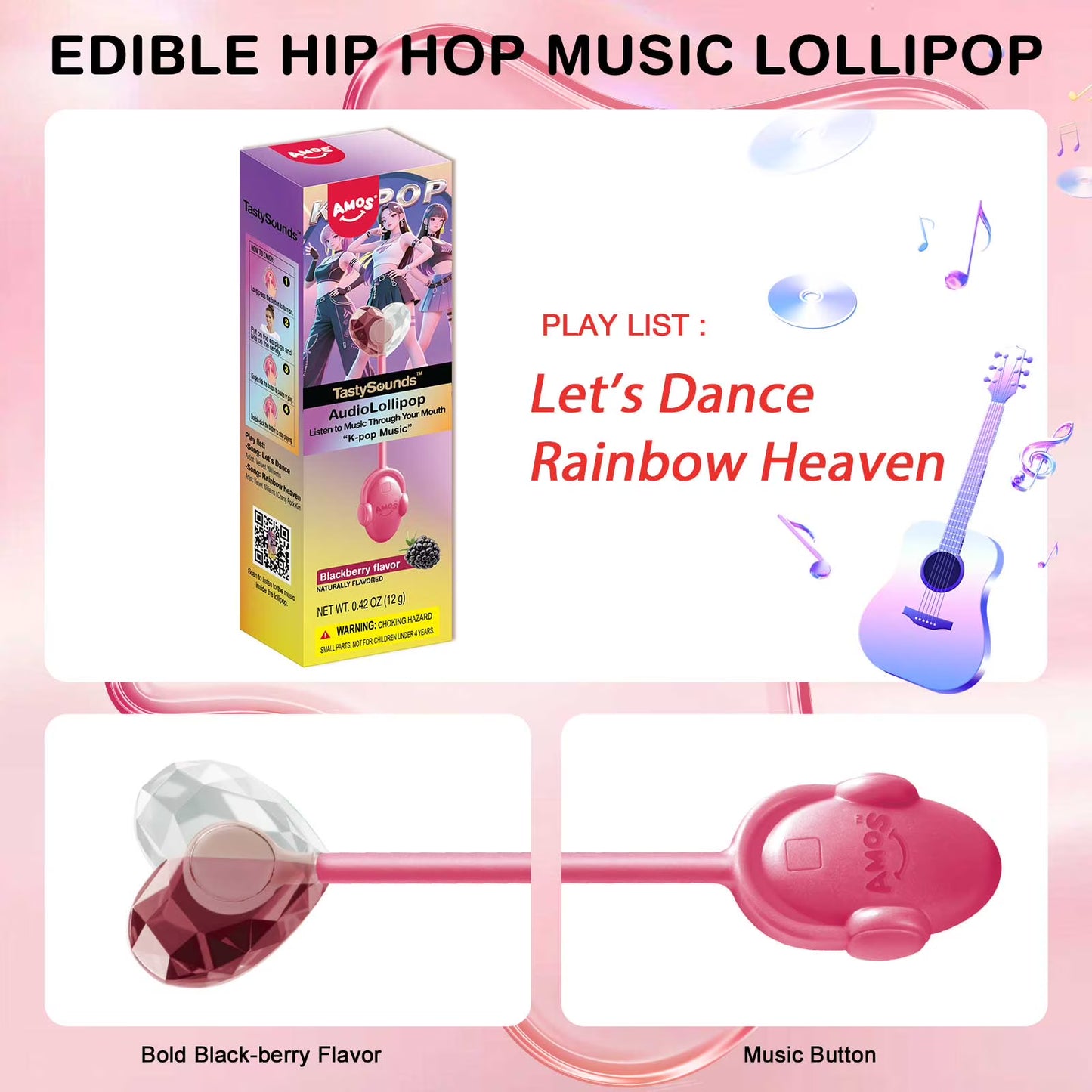 Amos Tastysounds Music Lollipops, K-pop Music Sucker Natural Flavor No Sugar Lollipops