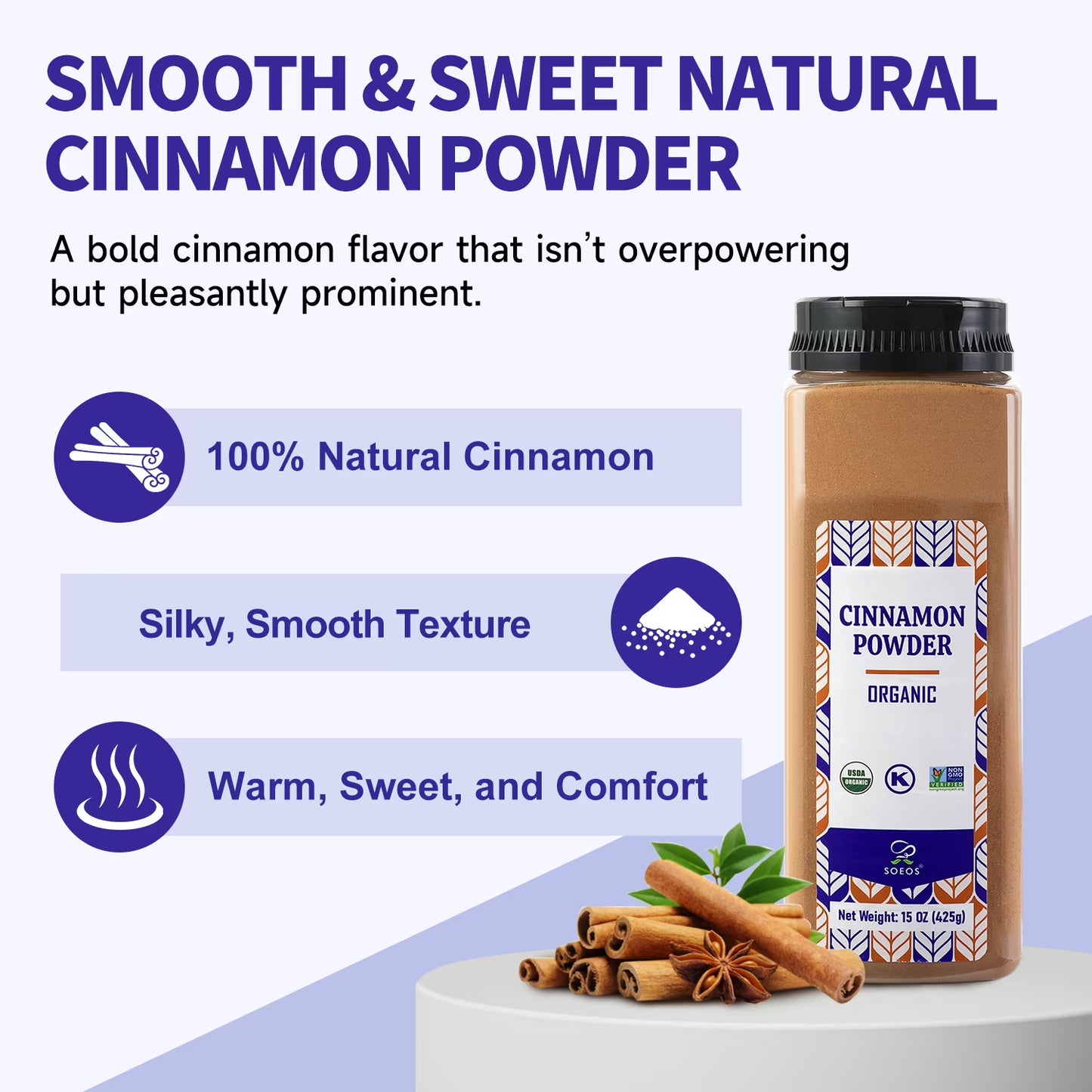 Soeos Organic Cinnamon Powder, 15 oz, Ground Cinnamon, Non-GMO, Kosher