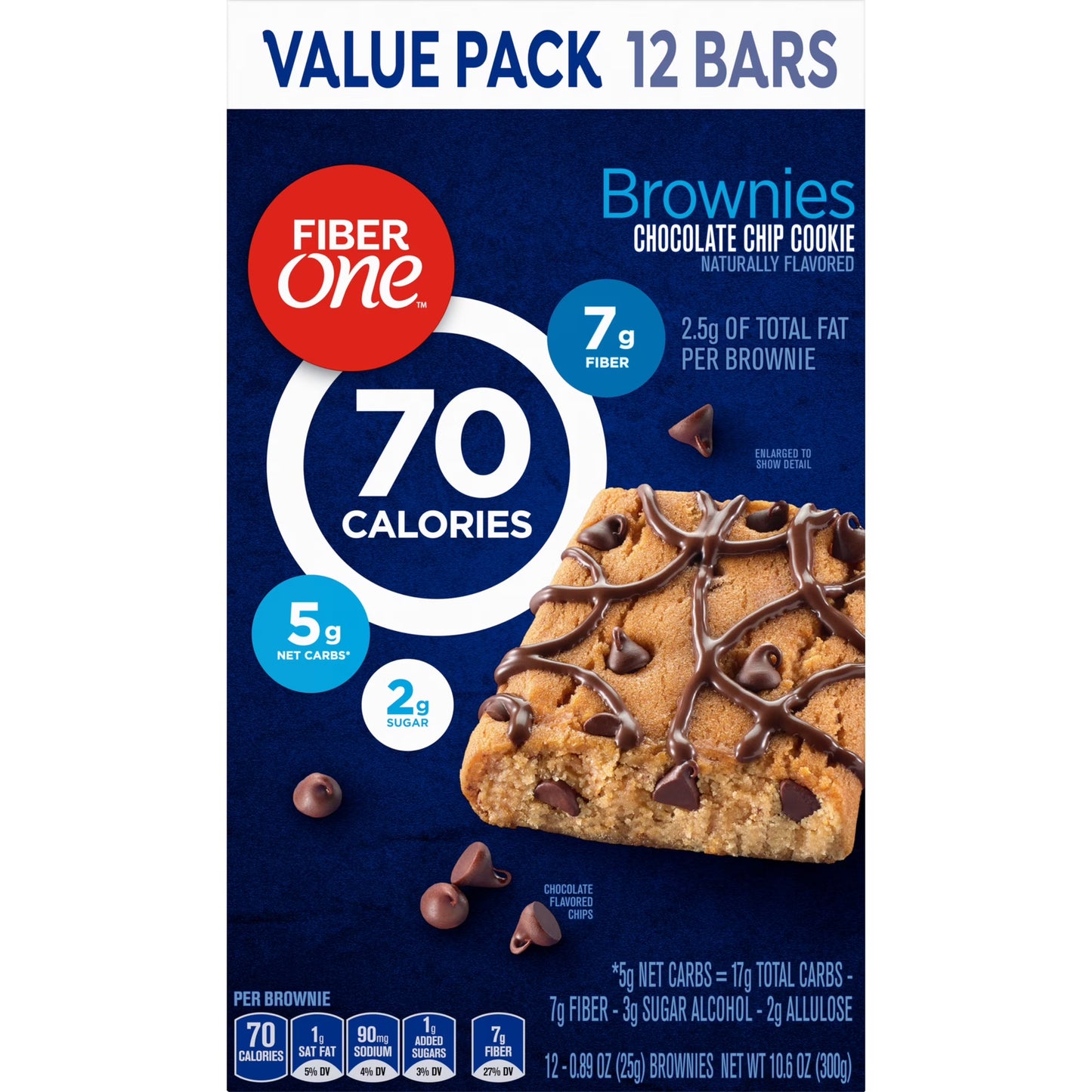 Fiber One 70 Calorie Brownies, Chocolate Chip Cookie, 2g Sugar, Value Pack, 12 Count, 10.6 oz