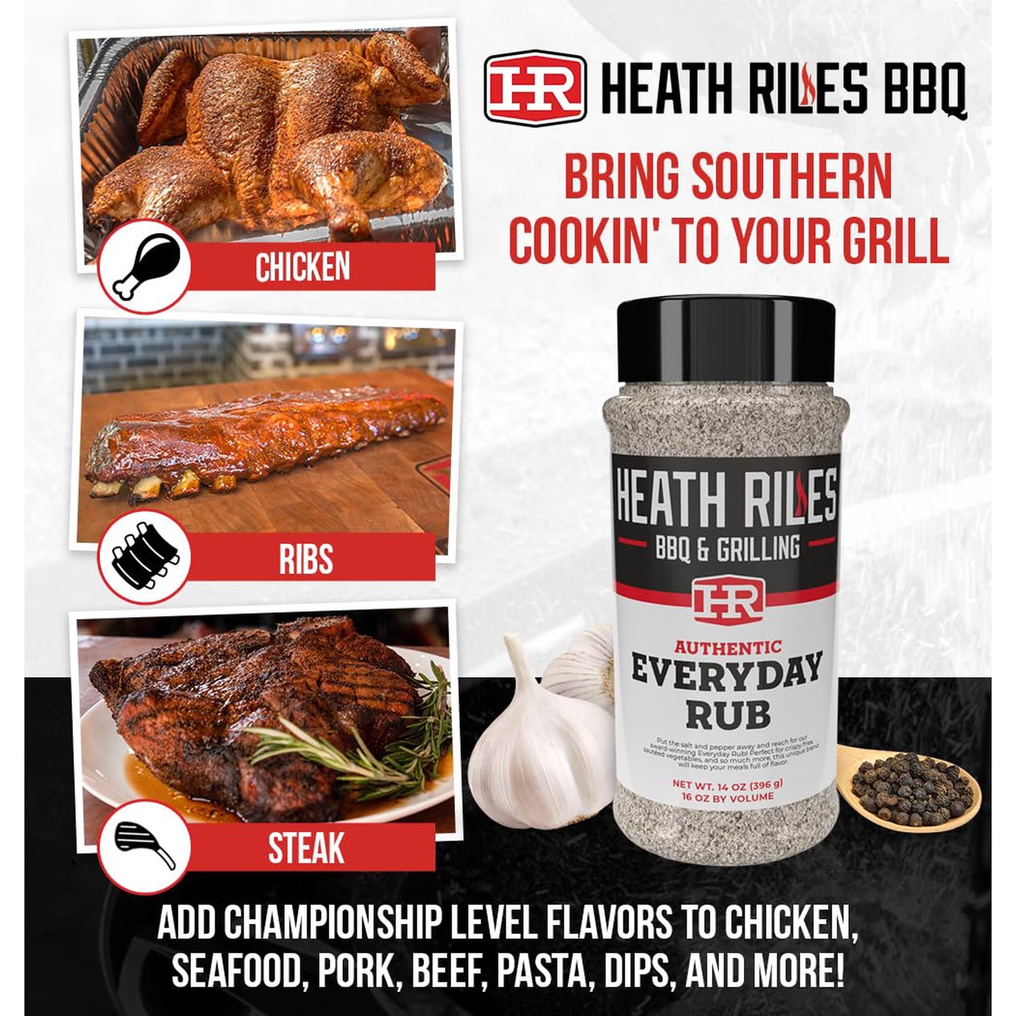 Heath Riles BBQ Rub - Everday All-Purpose Seasoning, Champion Pitmaster Recipe, Legendary Rubs For Smoking & Grilling, 70+ BBQ Championships, 14 oz.