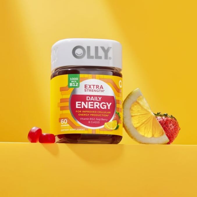 OLLY Extra Strength Daily Energy Gummy,Caffeine Free,1000mcg Vitamin B12,CoQ10,Goji Berry,Adult Chewable Supplement,Berry Yuzu Flavor -,60 Count (Pack of 2)