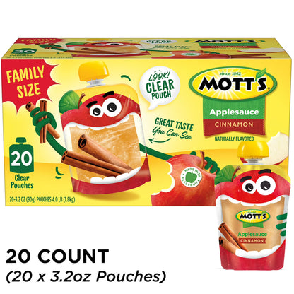 Mott's Cinnamon Applesauce, 3.2 oz, 20 Count Clear Pouches