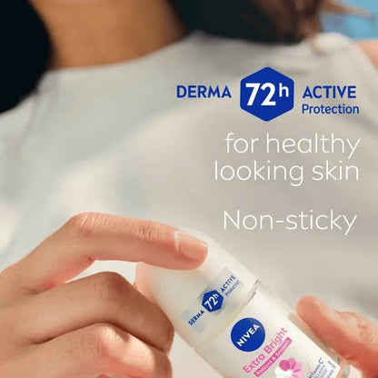 NIVEA Extra Bright 8 Super Food Vitamin C Collagen Booster Underarm Roll-On Deodorant, Alcohol-Free, 72HR Odor Protection, Smooth & Bright Skin, 50ml, 1.69oz, Pack of 3