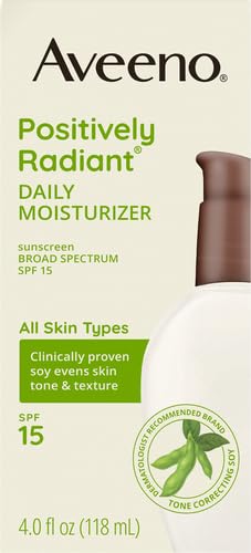 Aveeno Positively Radiant Daily Face Moisturizer with SPF 15 Sunscreen, Hydrating Face Lotion with Soy Extract to Improve Skin Tone and Texture, Hypoallergenic Formula, Oil-Free, 4 Fl Oz (Pack of 12)