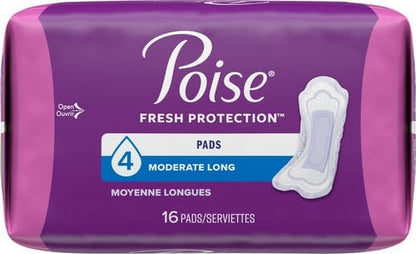 Poise Incontinence Pads & Postpartum Incontinence Pads, 4 Drop Moderate Absorbency, Long Length, 16 Count, Packaging (Pack of 4)