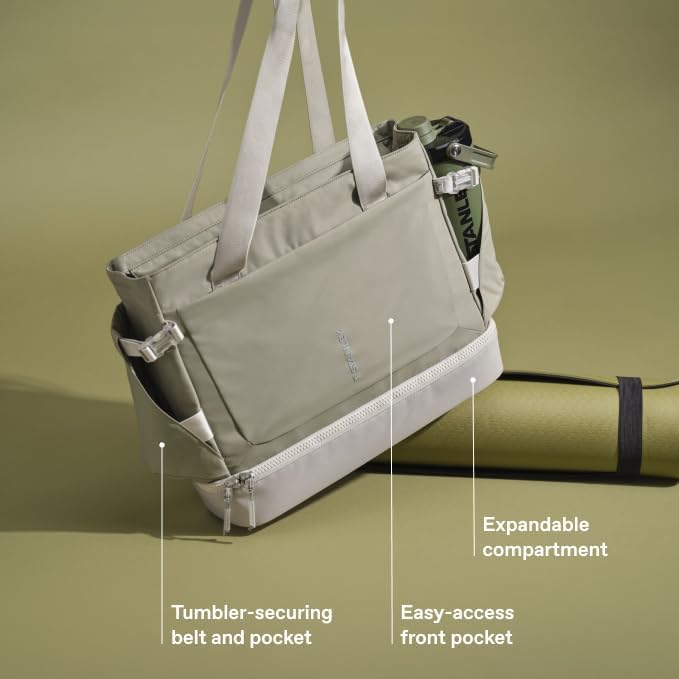 STANLEY Vitalize Tote| Gym, Work & Travel Bag with Laptop Sleeve | Expandable Bottom Compartment | Tumbler & Water Bottle Pockets | Durable Recycled Fabric | Sage Grey