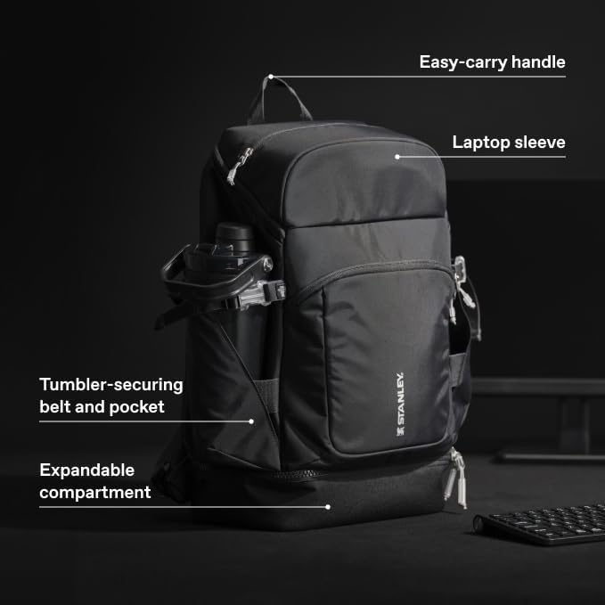 STANLEY Vitalize Backpack | Gym, Work & Travel Bag with Laptop Sleeve | Expandable Bottom Compartment | Tumbler & Water Bottle Pockets | Durable Recycled Fabric | Black