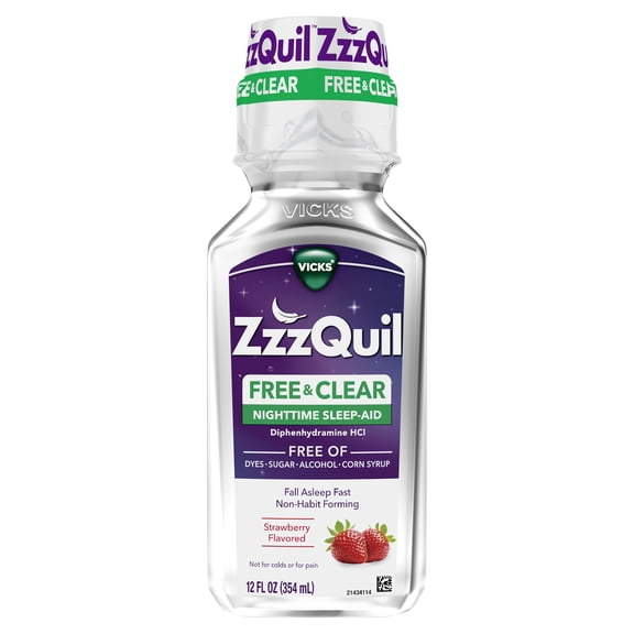 ZzzQuil Liquid Sleep Aid, FREE & CLEAR, Strawberry Flavored, 12 fl oz
