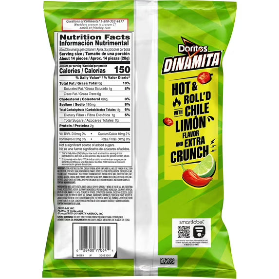 Doritos Dinamita Chile Limon Tortilla Chips, 3.24 oz Bag