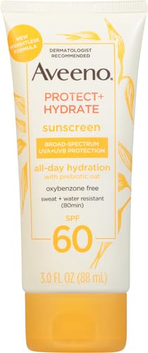 Aveeno Protect + Hydrate Sunscreen Lotion for Body & Face -Prebiotic Oat, SPF 60 Broad Spectrum Sunscreen,Paraben & Oil Free, Water & Sweat Resistant (80 min) for Sensitive Skin, 3 Fl Oz (Pack of 12)