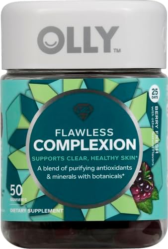 OLLY Flawless Complexion Gummy, Clear and Healthy Skin Support, Vitamins E, A, Zinc, Chewable Supplement, Berry - 50 Count (Pack of 12)