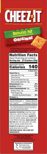 Cheez-It Cheese Crackers, Baked Snack Crackers, Lunch Snacks, Family Size, Reduced Fat Original, 19oz Box (1 Box) (Pack of 2)