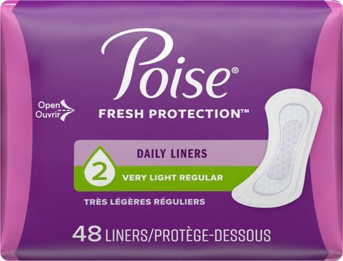Poise Panty Liners, Very Light Absorbency, 48 Count, Pack of 2 | 2 Drop | Regular Size | For Incontinence