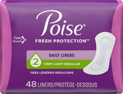 Poise Panty Liners, Very Light Absorbency, 48 Count, Pack of 2 | 2 Drop | Regular Size | For Incontinence