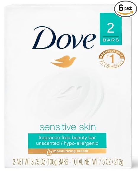 Dove Beauty Bar Soap Sensitive, 24 Bars for Sensitive Skin, Fragrance Free and Hypoallergenic 3.75 oz