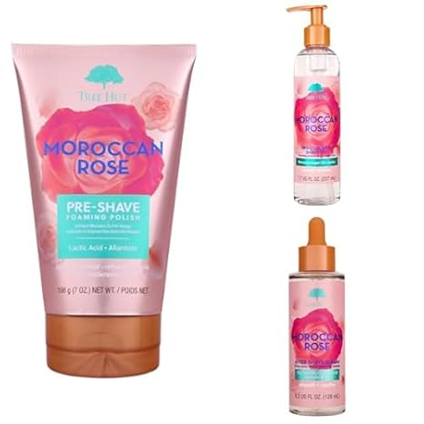 Tree Hut Moroccan Rose Shave Routine Bundle, Pre-Shave Foaming Polish, Moisturizing Shave Oil, and After Shave Serum, Exfoliates, Hydrates & Soothes for Smooth, Soft Skin