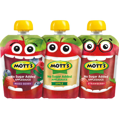 Mott's No Sugar Added Applesauce Variety Pack, 3.2 oz, 20 Count Clear Pouches