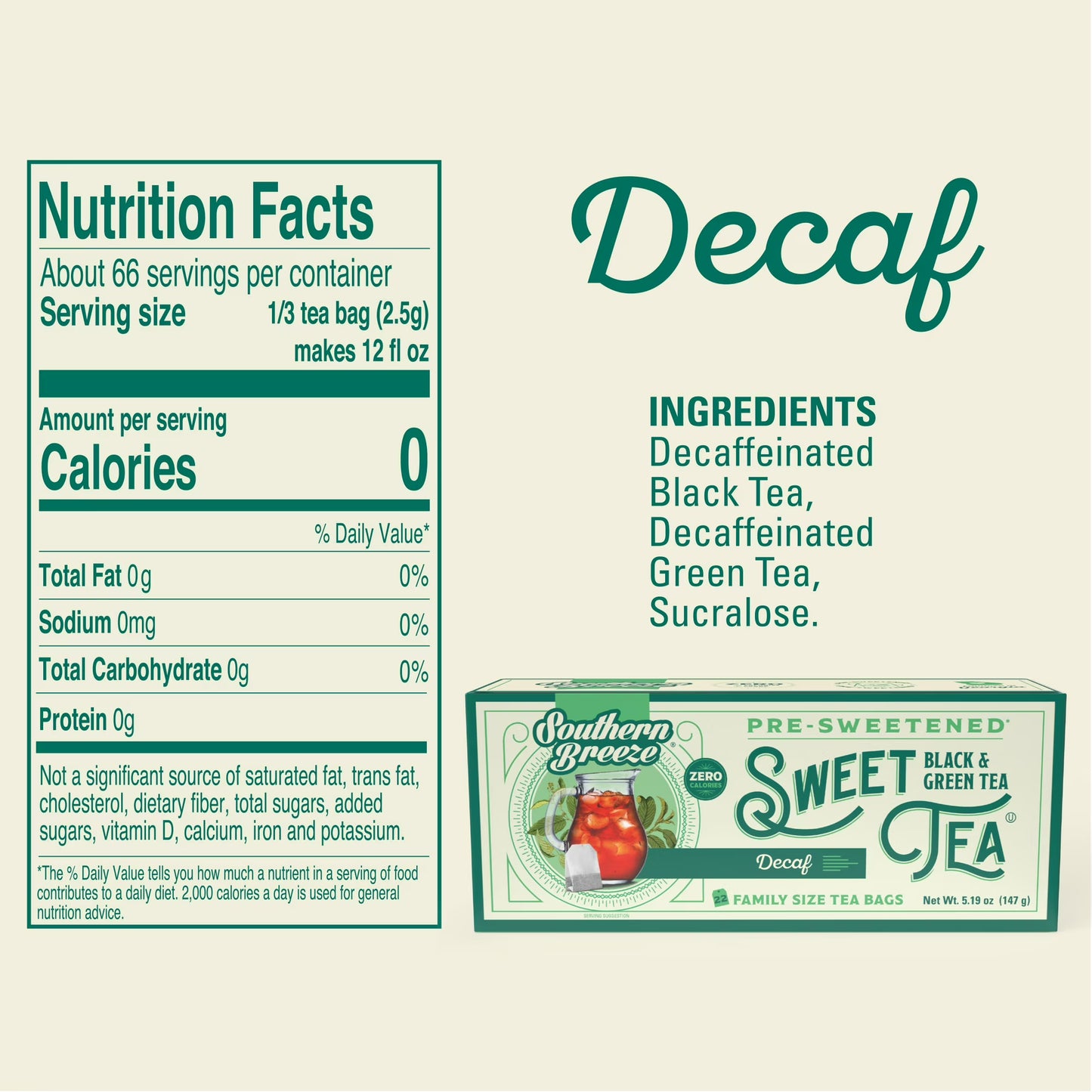 Southern Breeze Hot Brew Sweet Tea Decaf Iced Tea with Black Tea and Zero Carbs Zero Sugar, 22 Family Size Tea Bags, Pack of 6