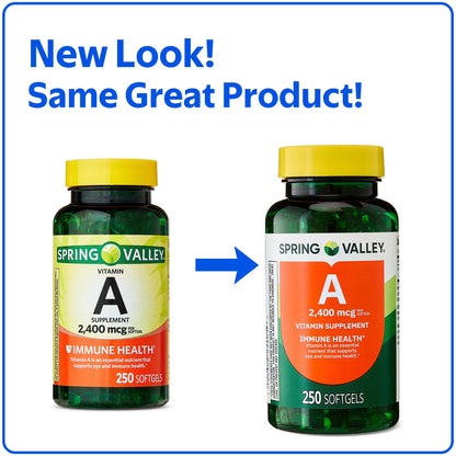 (3 pack) Spring Valley Vitamin A Supplement 2,400mcg Per Softgels, 250 Count