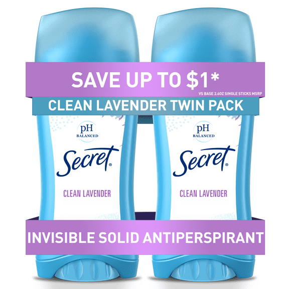 Secret Invisible Solid Antiperspirant and Deodorant, Clean Lavender Scent, Twin Pack, 2.6 oz