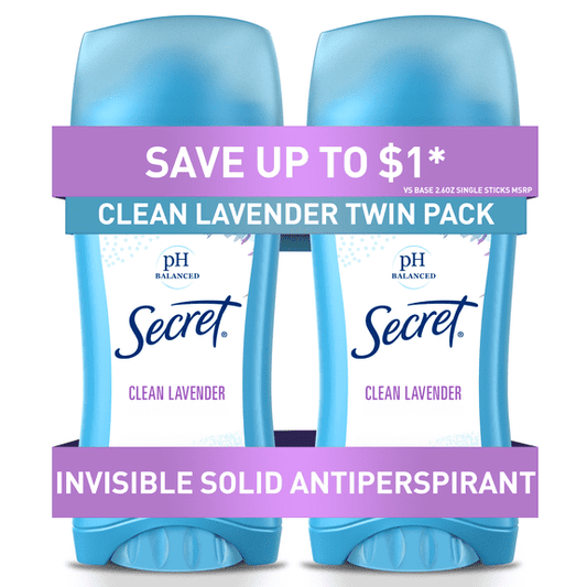 Secret Invisible Solid Antiperspirant and Deodorant, Clean Lavender Scent, Twin Pack, 2.6 oz