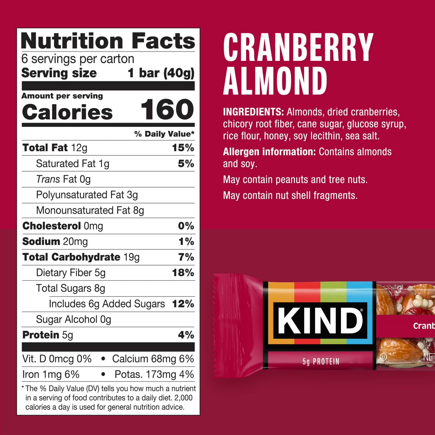 (6 pack) KIND Gluten Free Cranberry Almond Snack Bars, 1.4 oz, 6 Count, Cardboard Box