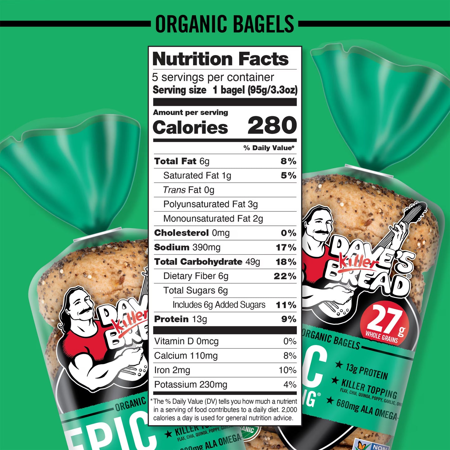 Dave's Killer Bread Epic Everything Bagels, Organic Bagels, 27g Whole Grains per Bagel, 5 Count