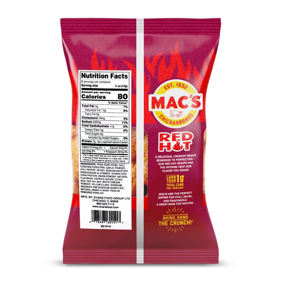 Mac's Hot Chicharrones Pork Rinds, Pork Skins, 4 oz Bag