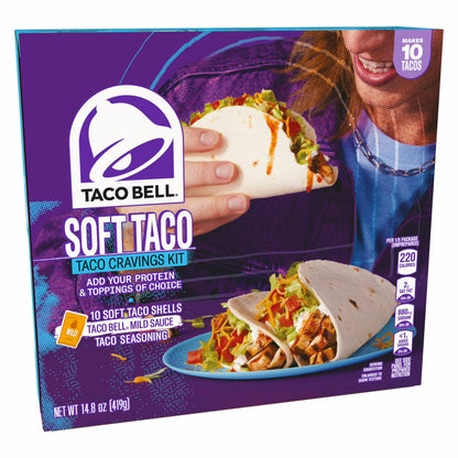 (3 pack) Taco Bell Soft Taco Cravings Kit with 10 Soft Tortillas, Taco Bell Mild Sauce & Seasoning, 14.8 oz Box